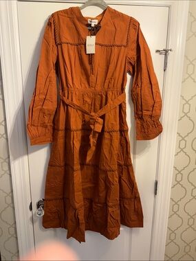 Rust Orange Tiered Long Sleeve Midi Dress with Waist Tie by AVARA